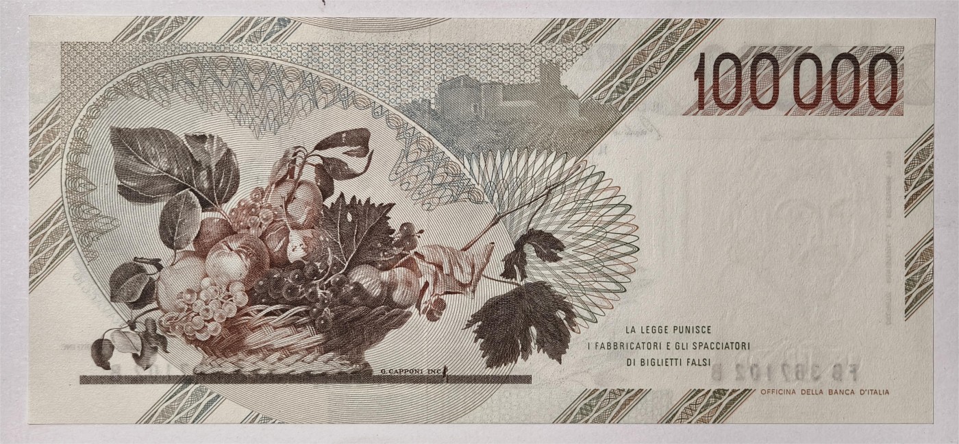 紫瑗钱币——第369期拍卖——纸币场 意大利 1983年 达·卡拉瓦乔 水果篮 初版 100000里拉 UNC (P-100a)
