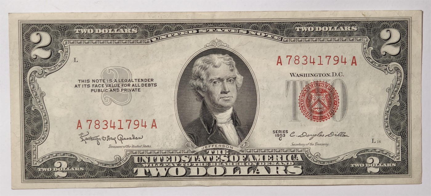 紫瑗钱币——第339期拍卖——纸币场 美国 1953年 C序列 托马斯·杰斐逊 2美元 红印 政府券 流通品