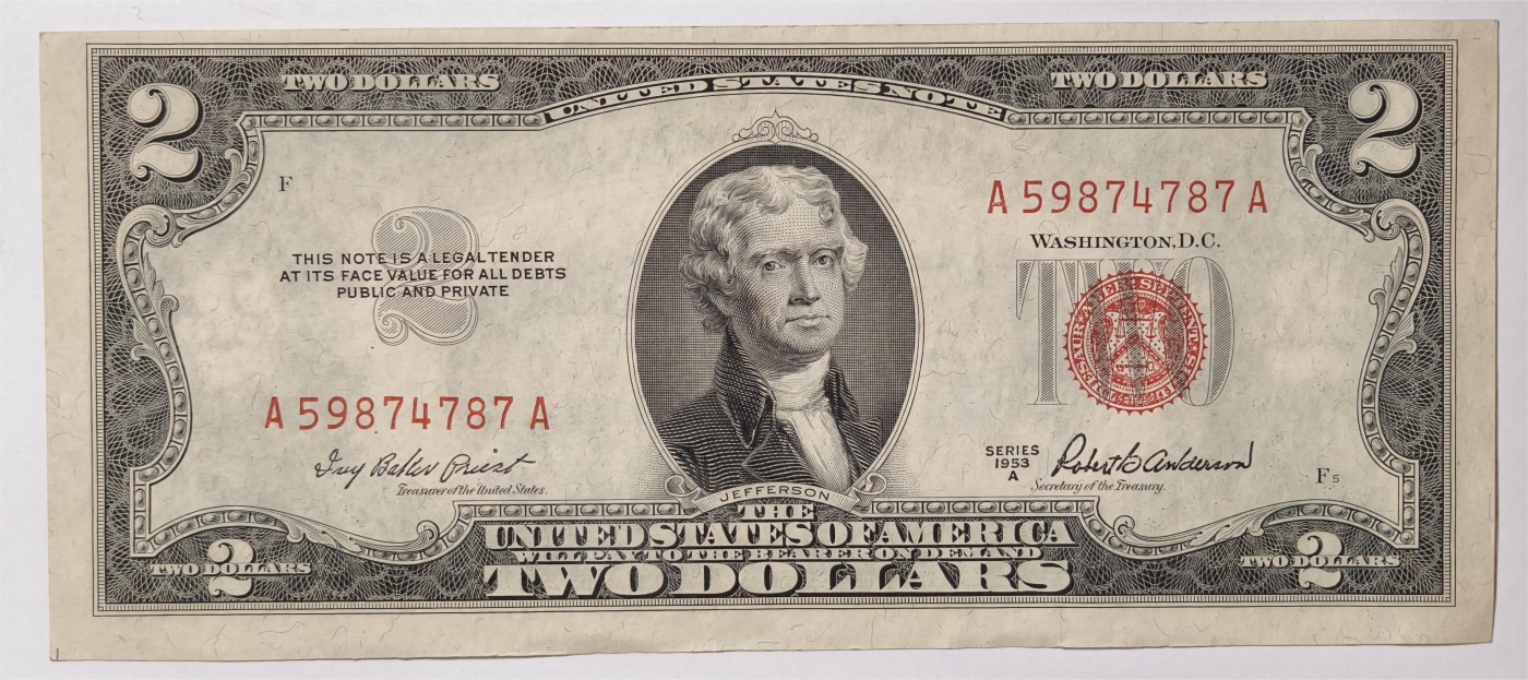 紫瑗钱币——第339期拍卖——纸币场 美国 1953年 A序列 托马斯·杰斐逊 2美元 红印 政府券 AU