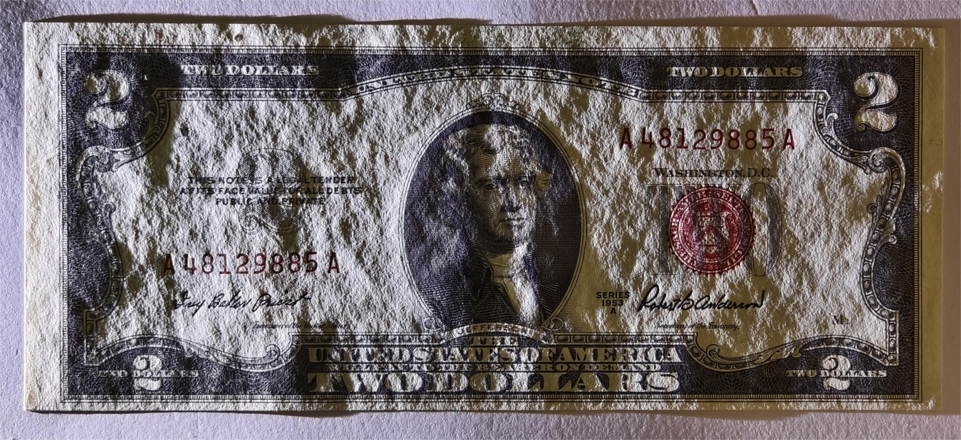 紫瑗钱币——第339期拍卖——纸币场 美国 1953年 A序列 托马斯·杰斐逊 2美元 红印 政府券 AU