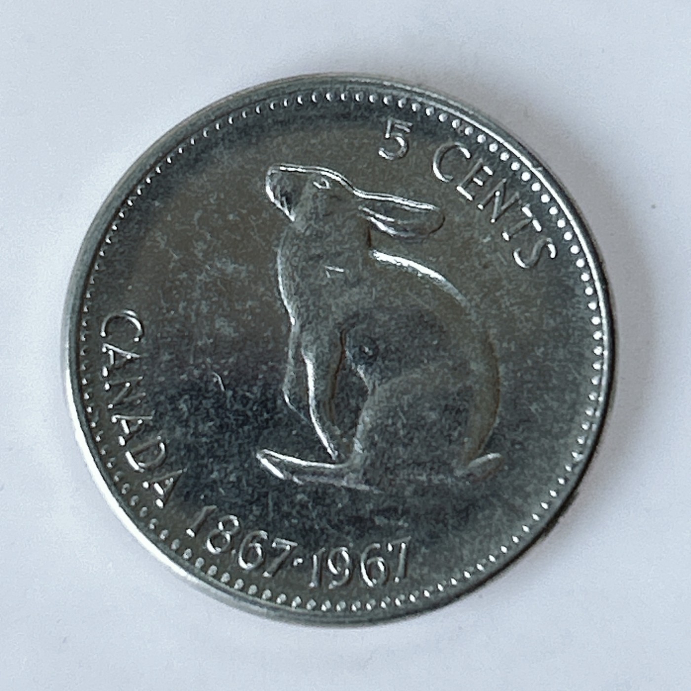 海外回流1元起拍小铺 各国钱币散币场 第10期 加拿大1967年5分百年纪念币 兔子