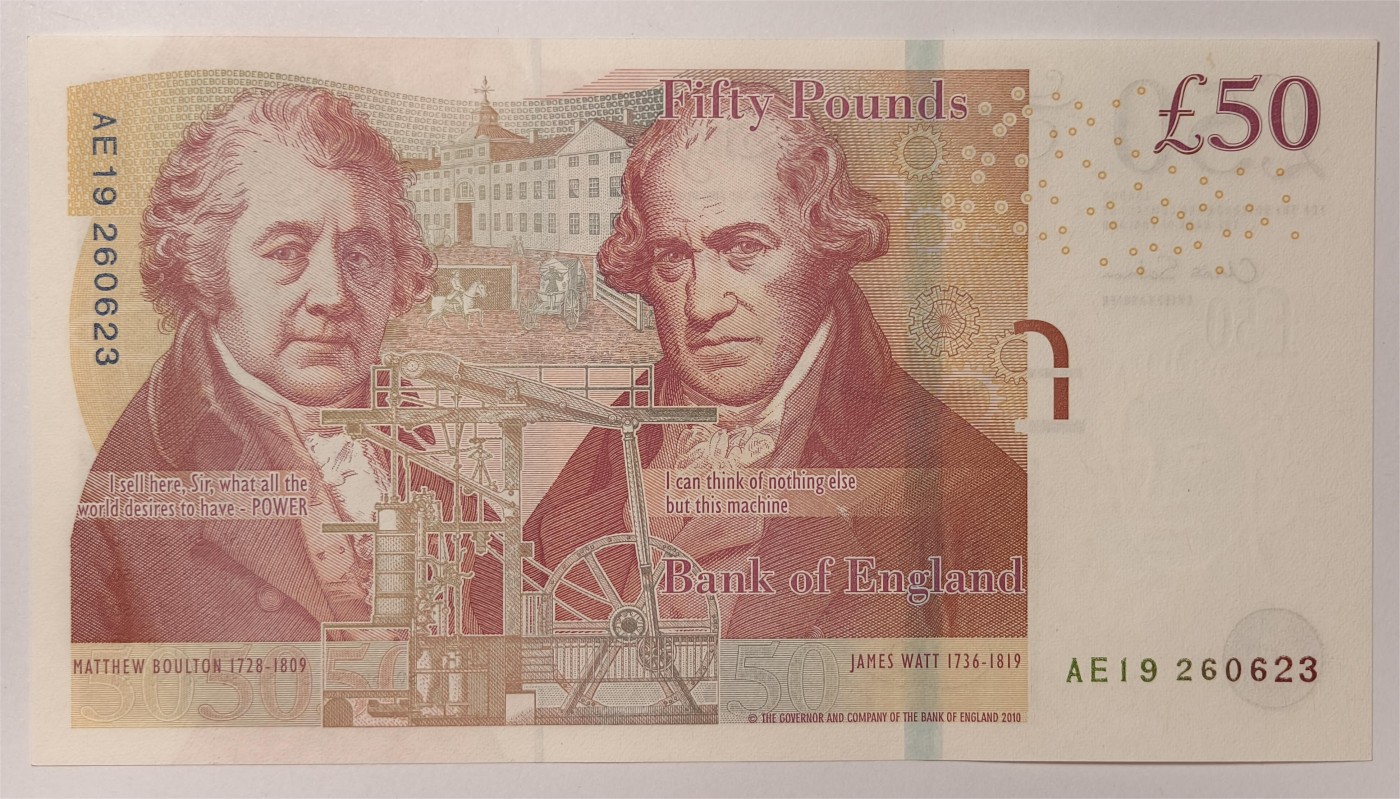 紫瑗钱币——第355期拍卖——纸币场 英国2010年 F序列 工程师瓦特(蒸汽机发明者)和其推广合作者博尔顿 50镑 UNC