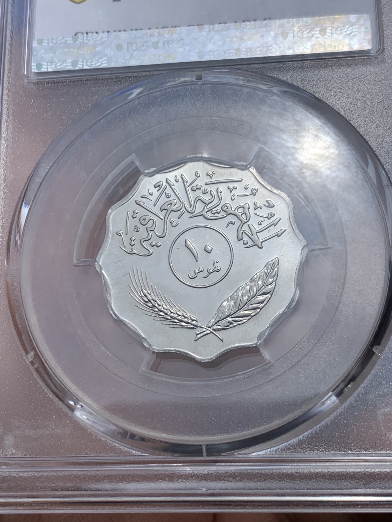 《竞宝斋》第258场-周日，周一 2场连拍 (全场包邮) PCGS金盾 UNCD 伊拉克1981年枣椰树10费尔不锈钢币