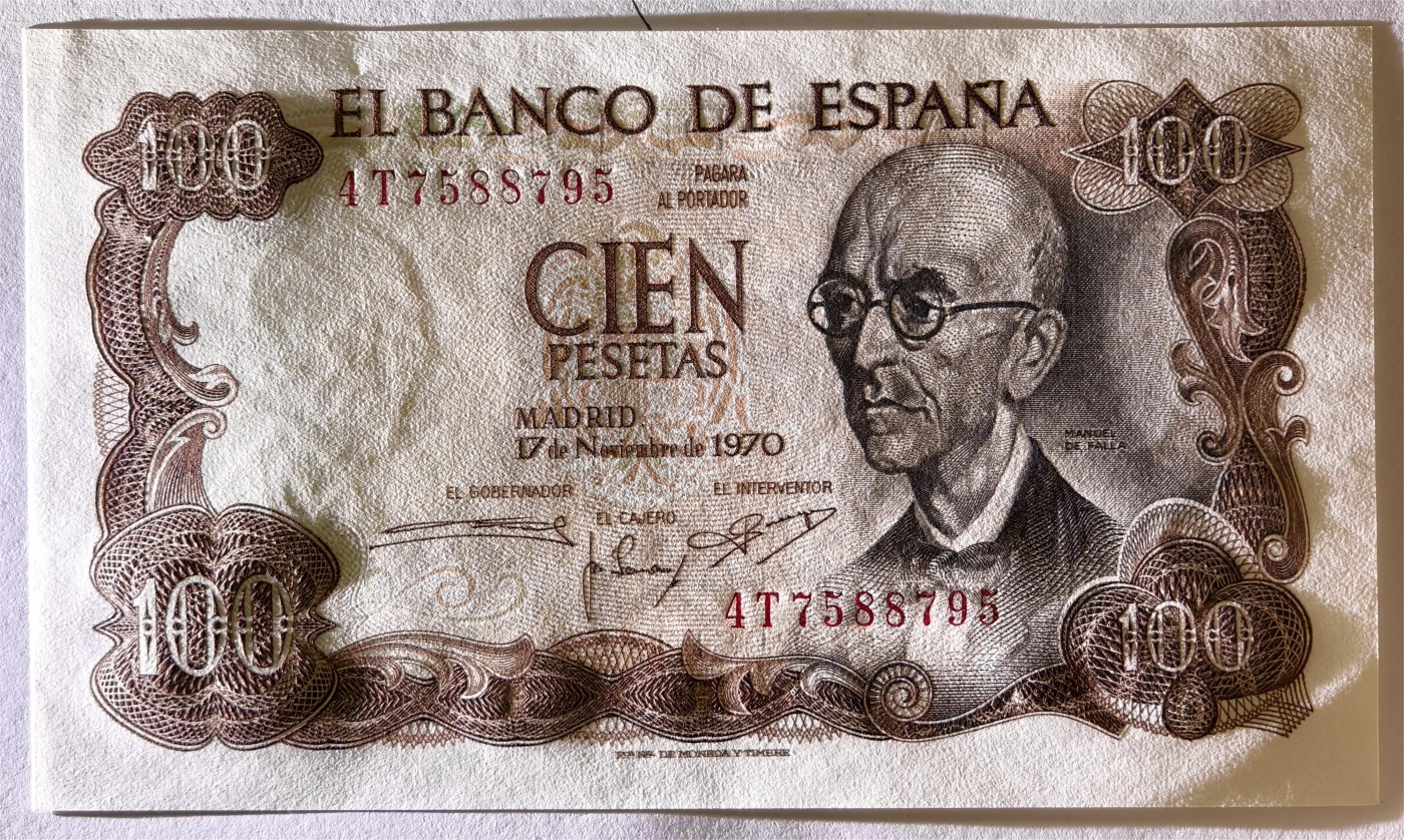 紫瑗钱币——第339期拍卖——纸币场 西班牙 1970(1974)年 曼努埃尔·德法拉 100比塞塔 UNC (P-152a)