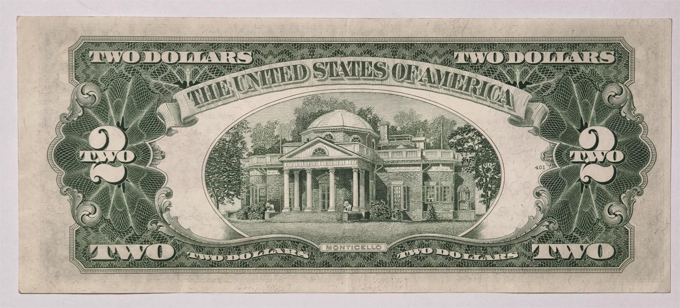 紫瑗钱币——第339期拍卖——纸币场 美国 1953年 A序列 托马斯·杰斐逊 2美元 红印 政府券 AU