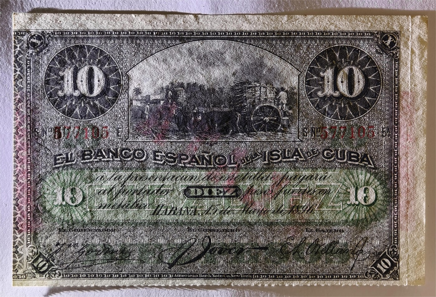紫瑗钱币——第339期拍卖——纸币场 古巴 1896年 西班牙银行 10比索 银币券 UNC