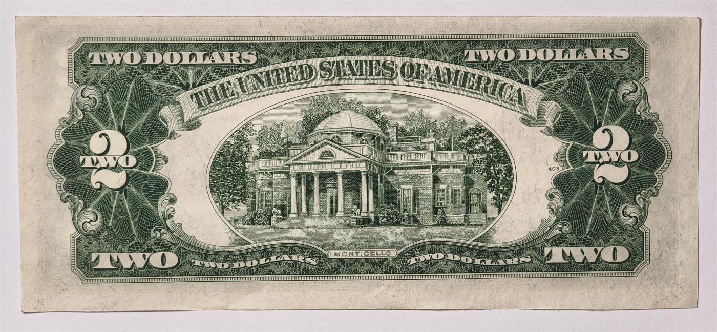 紫瑗钱币——第339期拍卖——纸币场 美国 1953年 A序列 托马斯·杰斐逊 2美元 红印 政府券 AU
