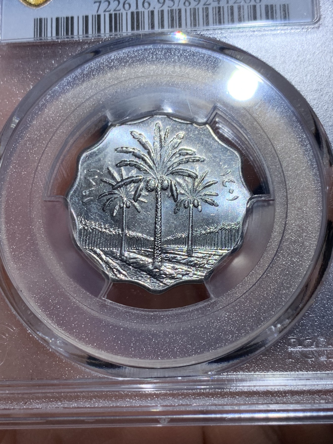 《竞宝斋》第258场-周日，周一 2场连拍 (全场包邮) PCGS金盾 UNCD 伊拉克1981年枣椰树10费尔不锈钢币