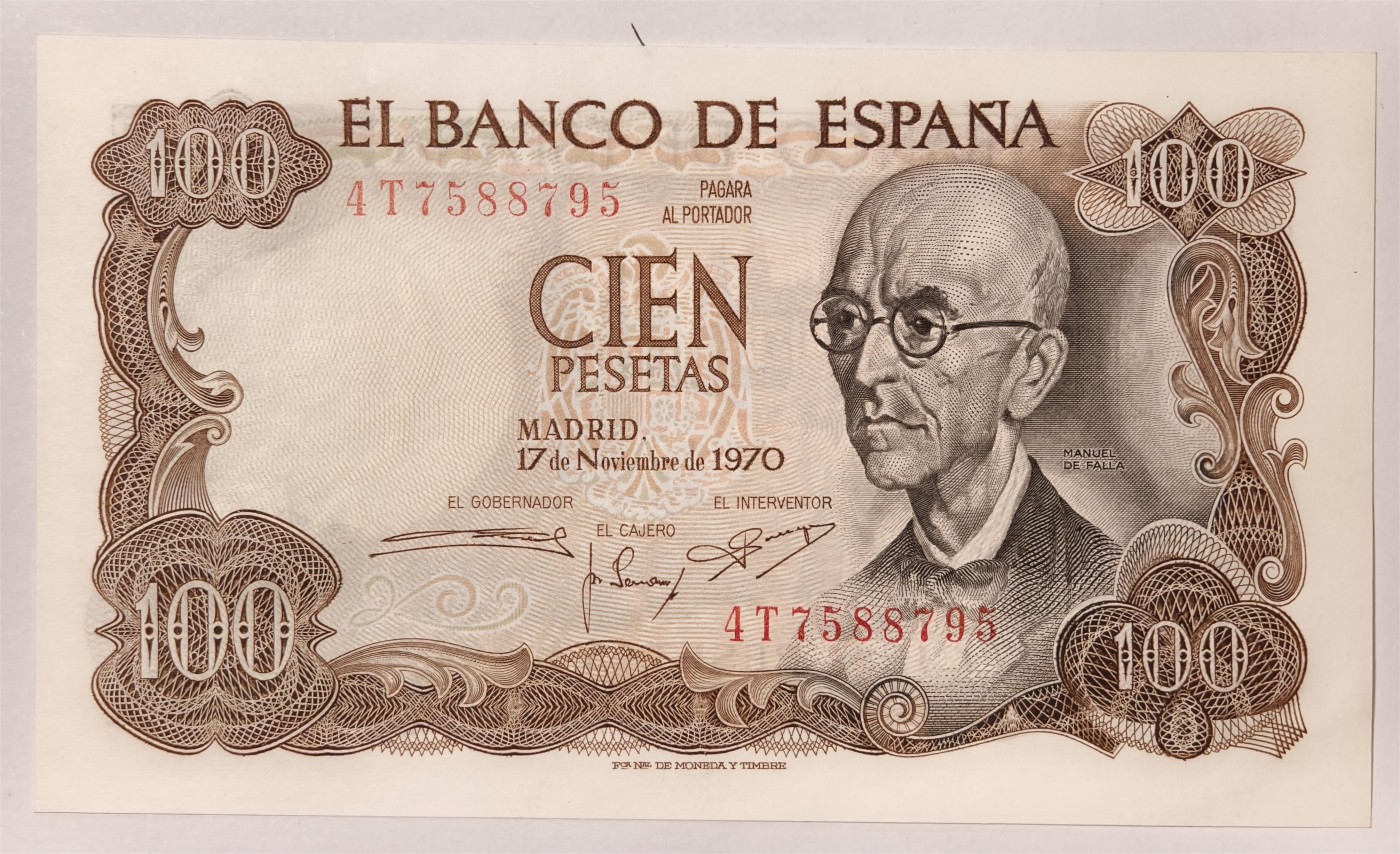 紫瑗钱币——第339期拍卖——纸币场 西班牙 1970(1974)年 曼努埃尔·德法拉 100比塞塔 UNC (P-152a)