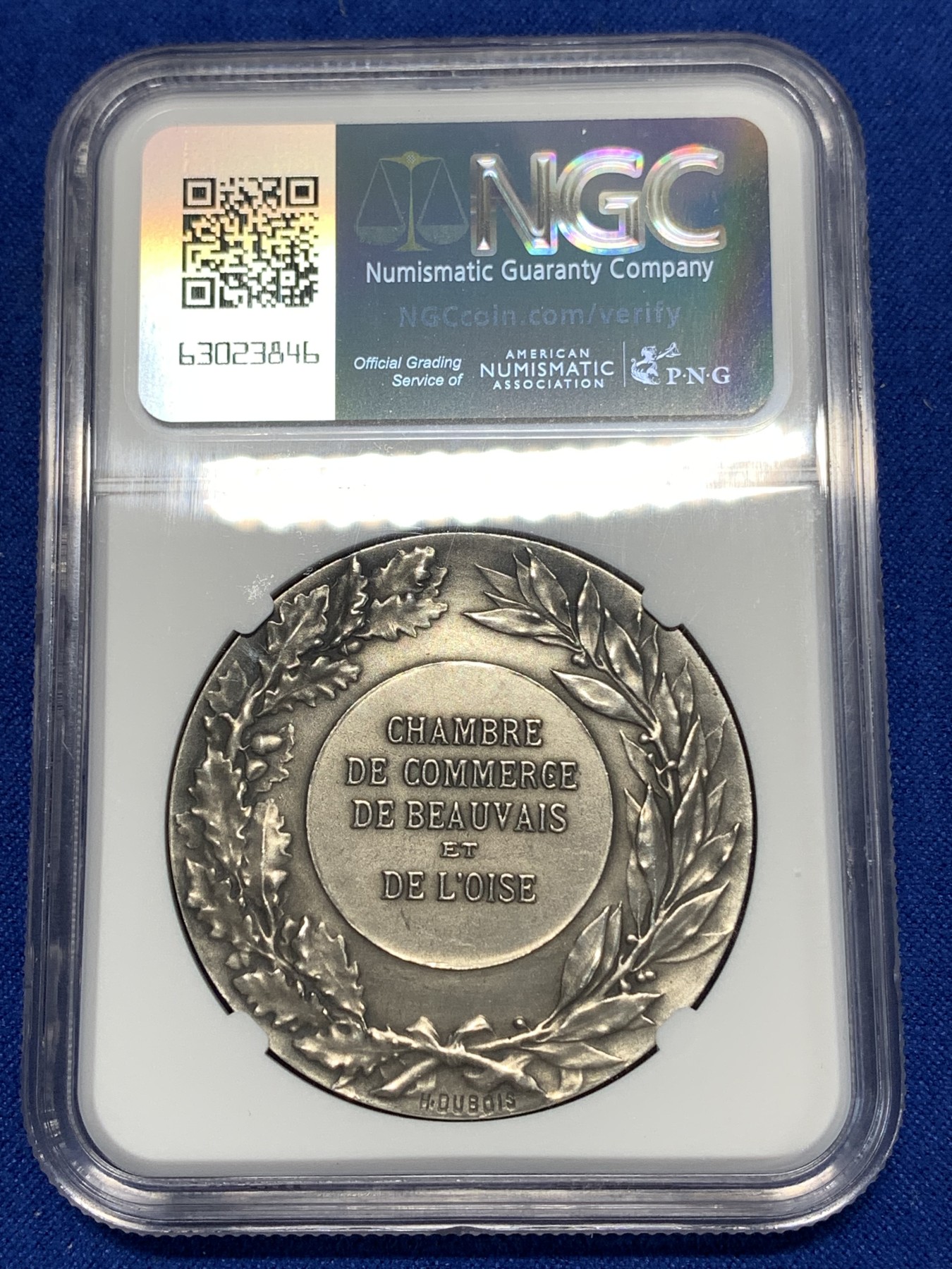 《竞宝斋》第258场-周日，周一 2场连拍 (全场包邮) NGC MS61 法国花环女神纪念大银章，少见的一款法国银章，高浮雕， 状态极佳。