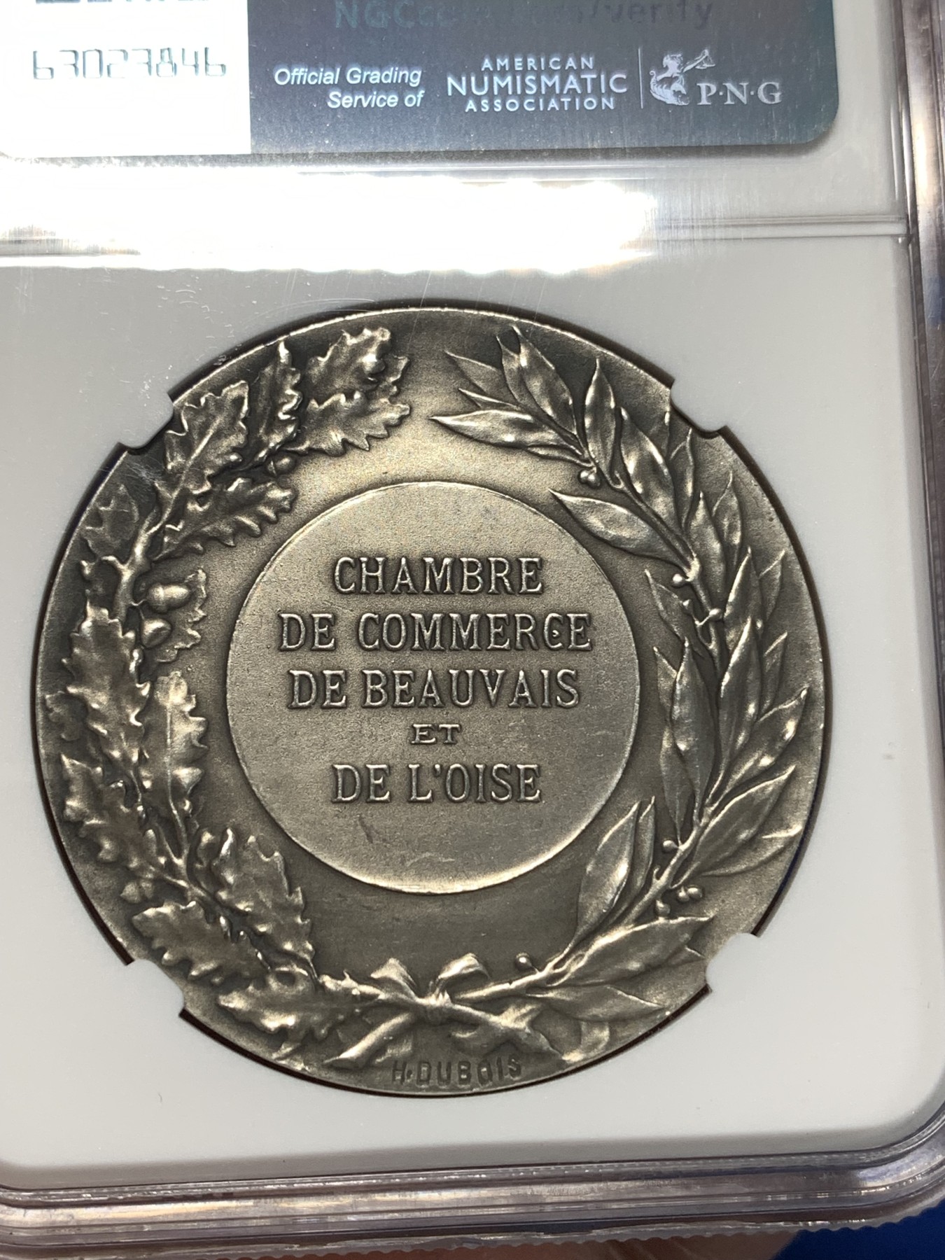 《竞宝斋》第258场-周日，周一 2场连拍 (全场包邮) NGC MS61 法国花环女神纪念大银章，少见的一款法国银章，高浮雕， 状态极佳。