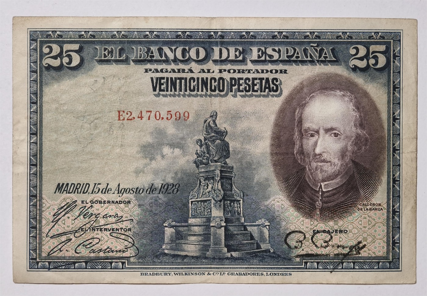 紫瑗钱币——第339期拍卖——纸币场 西班牙 1928年 卡尔德隆 25比塞塔 流通品