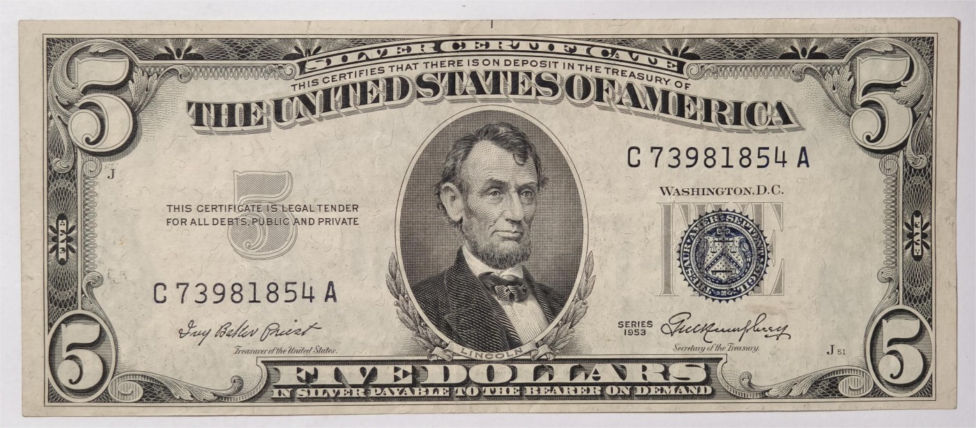 紫瑗钱币——第339期拍卖——纸币场 美国 1953年 无序列 亚伯拉罕·林肯 5美元 蓝印 银元券 流通品