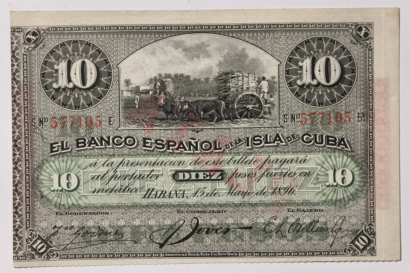 紫瑗钱币——第339期拍卖——纸币场 古巴 1896年 西班牙银行 10比索 银币券 UNC