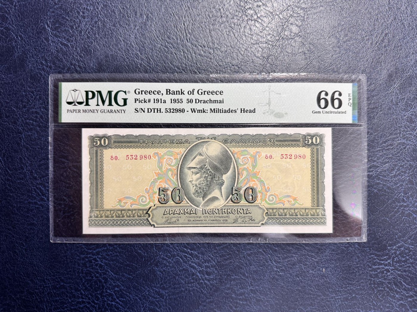 收藏联盟Quantum Auction 第338期拍卖  希腊1955年50马克 PMG66 军事家 雅典执政官 伯力克利 号码无47