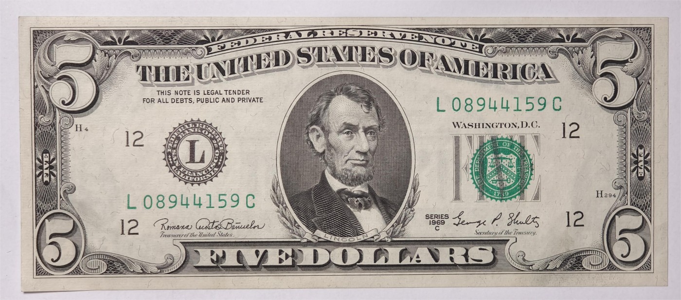 紫瑗钱币——第339期拍卖——纸币场 美国 1969年 L版 C序列 亚伯拉罕·林肯 5美元 小头版 UNC