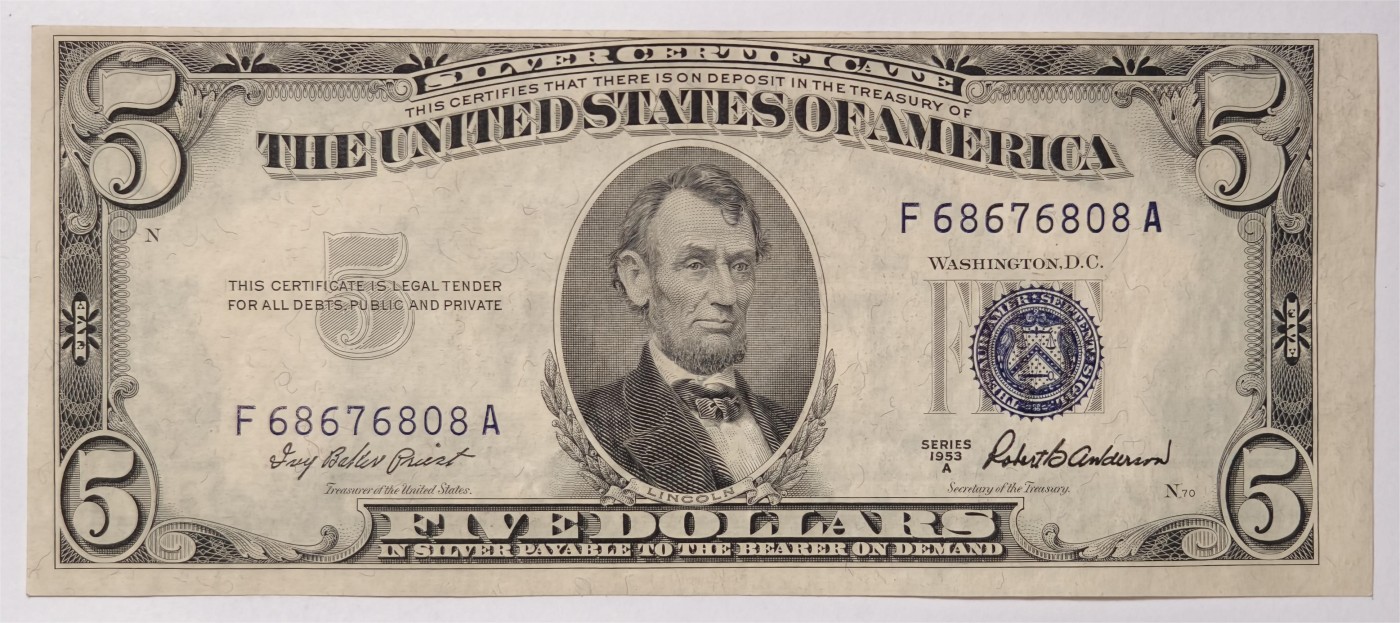 紫瑗钱币——第339期拍卖——纸币场 美国 1953年 A序列 亚伯拉罕·林肯 5美元 蓝印 银元券 AU
