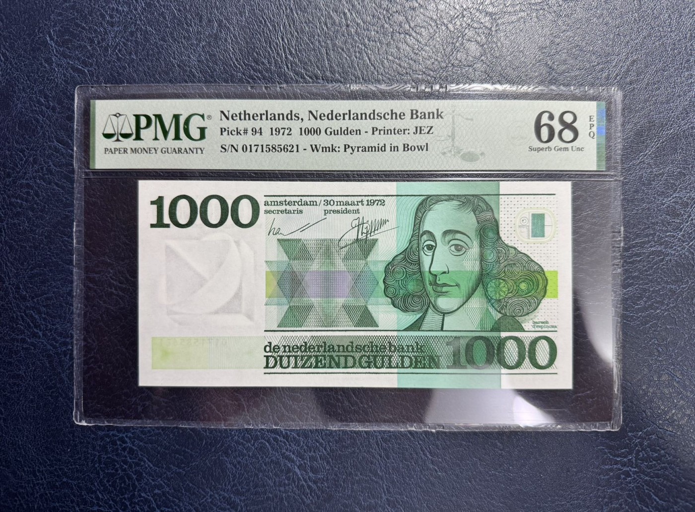 收藏联盟Quantum Auction 第338期拍卖  荷兰1972年1000盾 PMG68 号码全程无4  欧洲近代哲学理性主义者 斯宾诺莎
