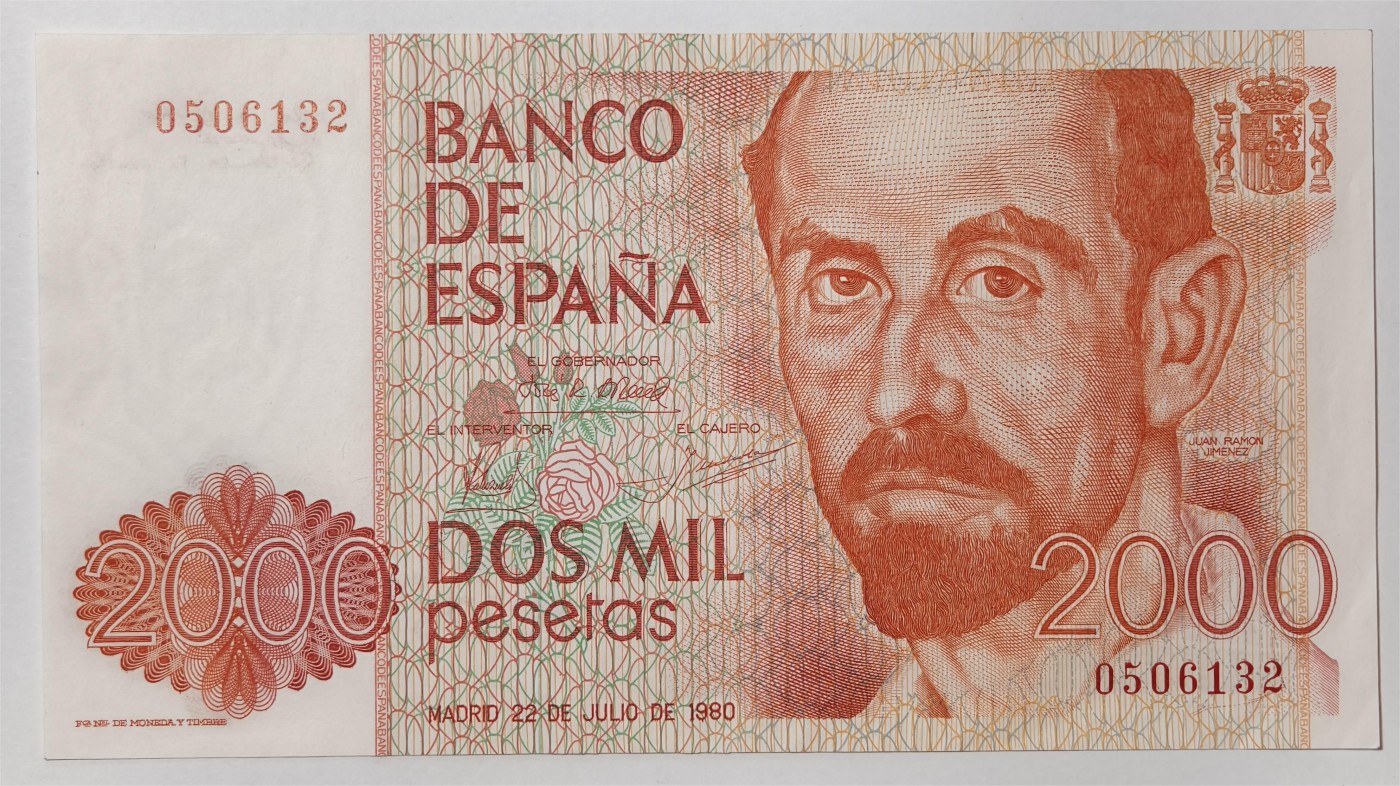 紫瑗钱币——第339期拍卖——纸币场 【数字冠】西班牙 1983年 胡安·拉蒙·希门尼斯 2000比塞塔 AU