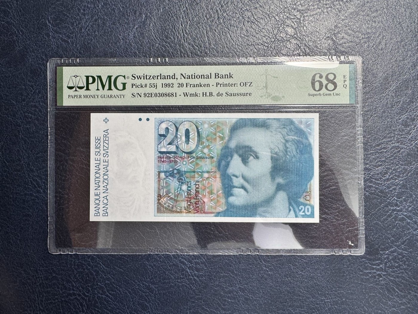 收藏联盟Quantum Auction 第338期拍卖  瑞士联邦1992年20法郎 PMG68 号码无457 