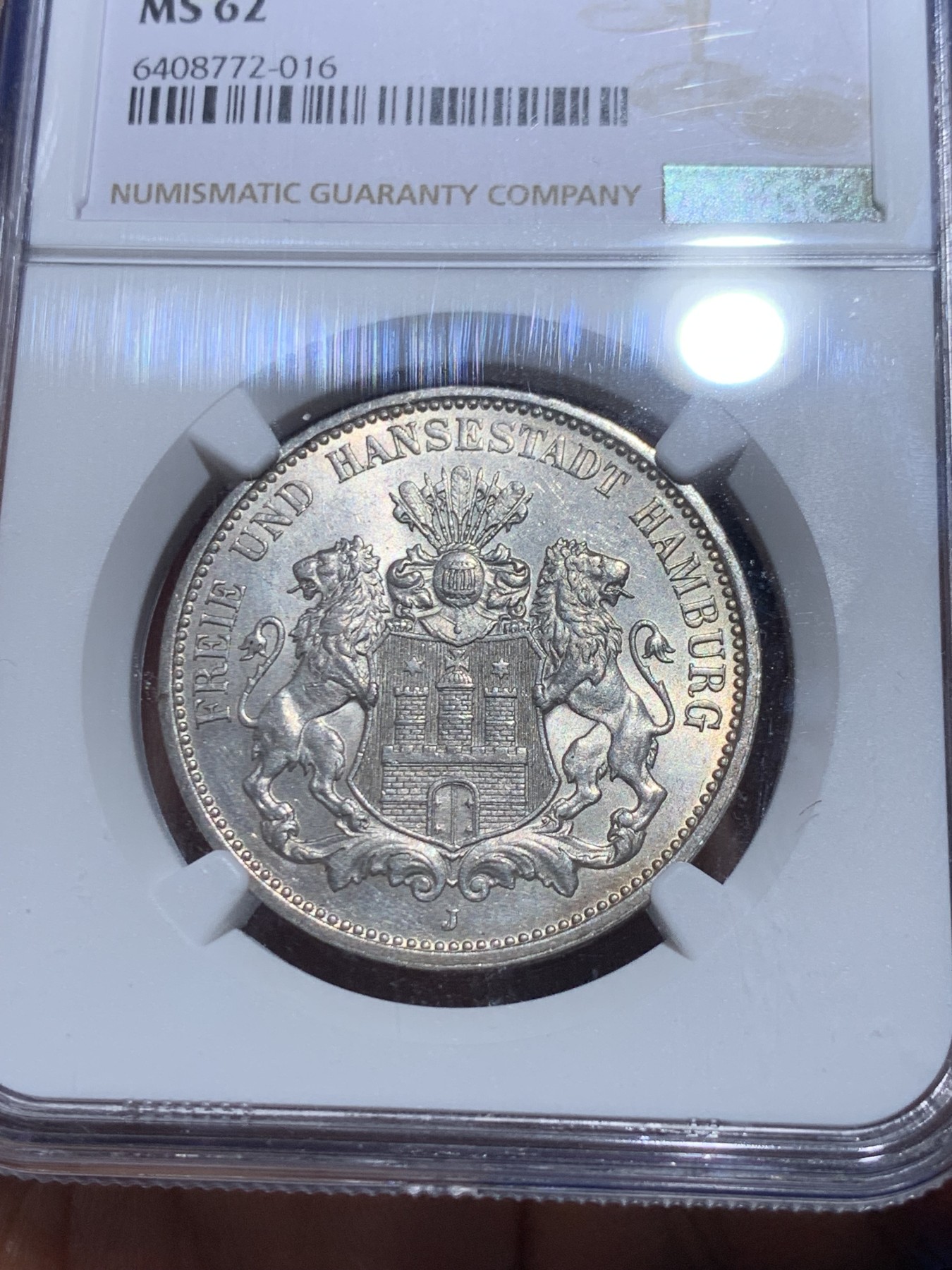 《竞宝斋》第258场-周日，周一 2场连拍 (全场包邮) NGC MS62 德国汉堡1911年双狮3马克银币 原光品相