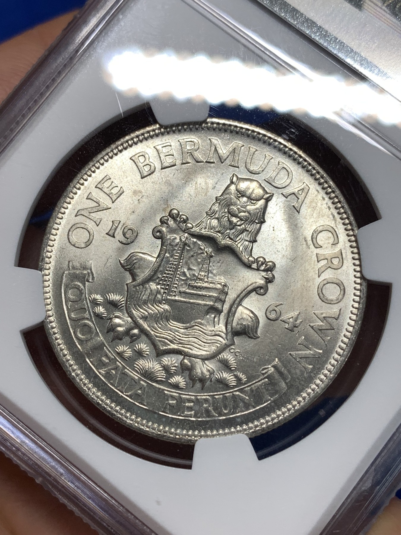 《竞宝斋》第258场-周日，周一 2场连拍 (全场包邮) NGC MS64 英属百慕大1964年伊丽莎白二世青年头像1克朗银币 经典女王头像