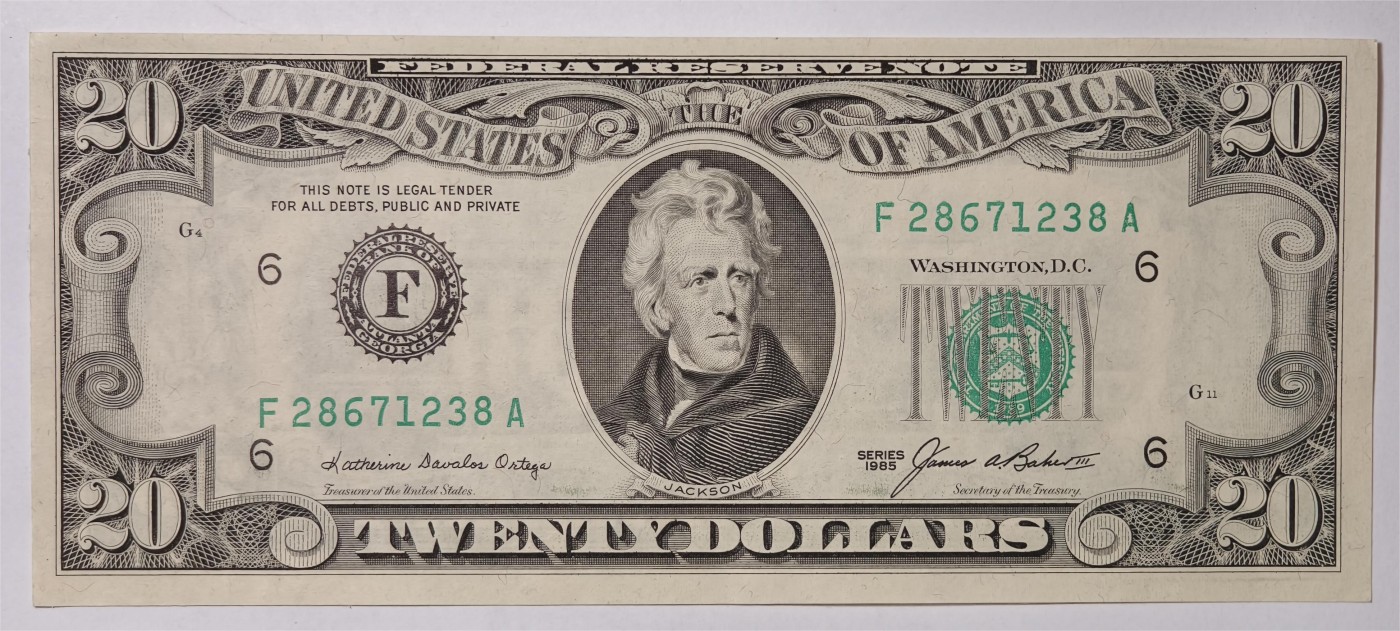 紫瑗钱币——第339期拍卖——纸币场 美国 1985年 F版 无序列 安德鲁·杰克逊 20美元 小头版 UNC
