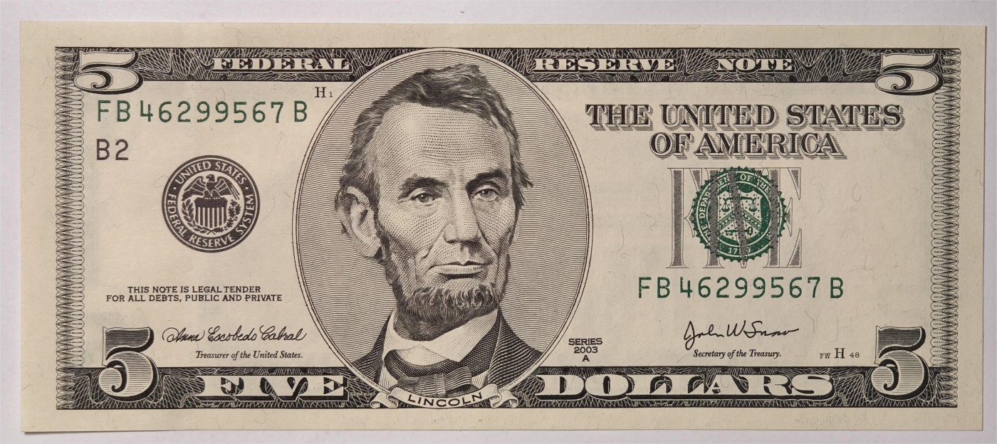 紫瑗钱币——第339期拍卖——纸币场 美国 2003年 B版 A序列 亚伯拉罕·林肯 5美元 大头版 UNC