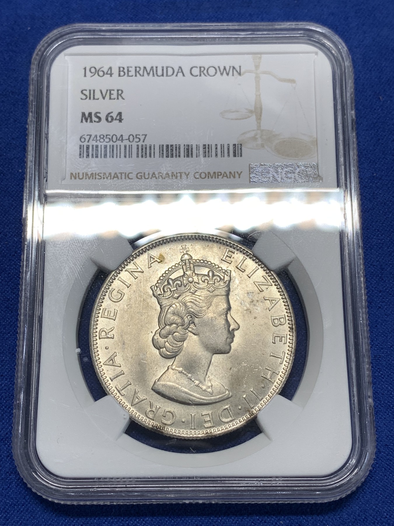 《竞宝斋》第258场-周日，周一 2场连拍 (全场包邮) NGC MS64 英属百慕大1964年伊丽莎白二世青年头像1克朗银币 经典女王头像