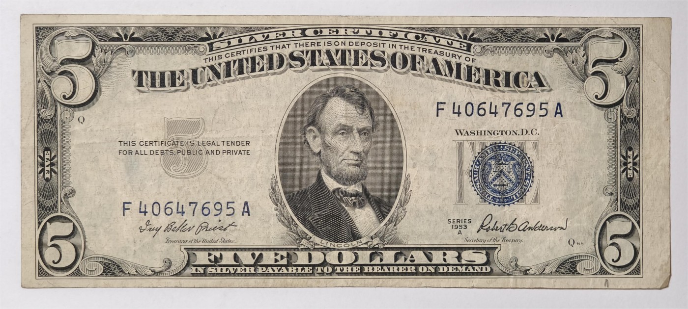 紫瑗钱币——第339期拍卖——纸币场 美国 1953年 A序列 亚伯拉罕·林肯 5美元 蓝印 银元券 流通品