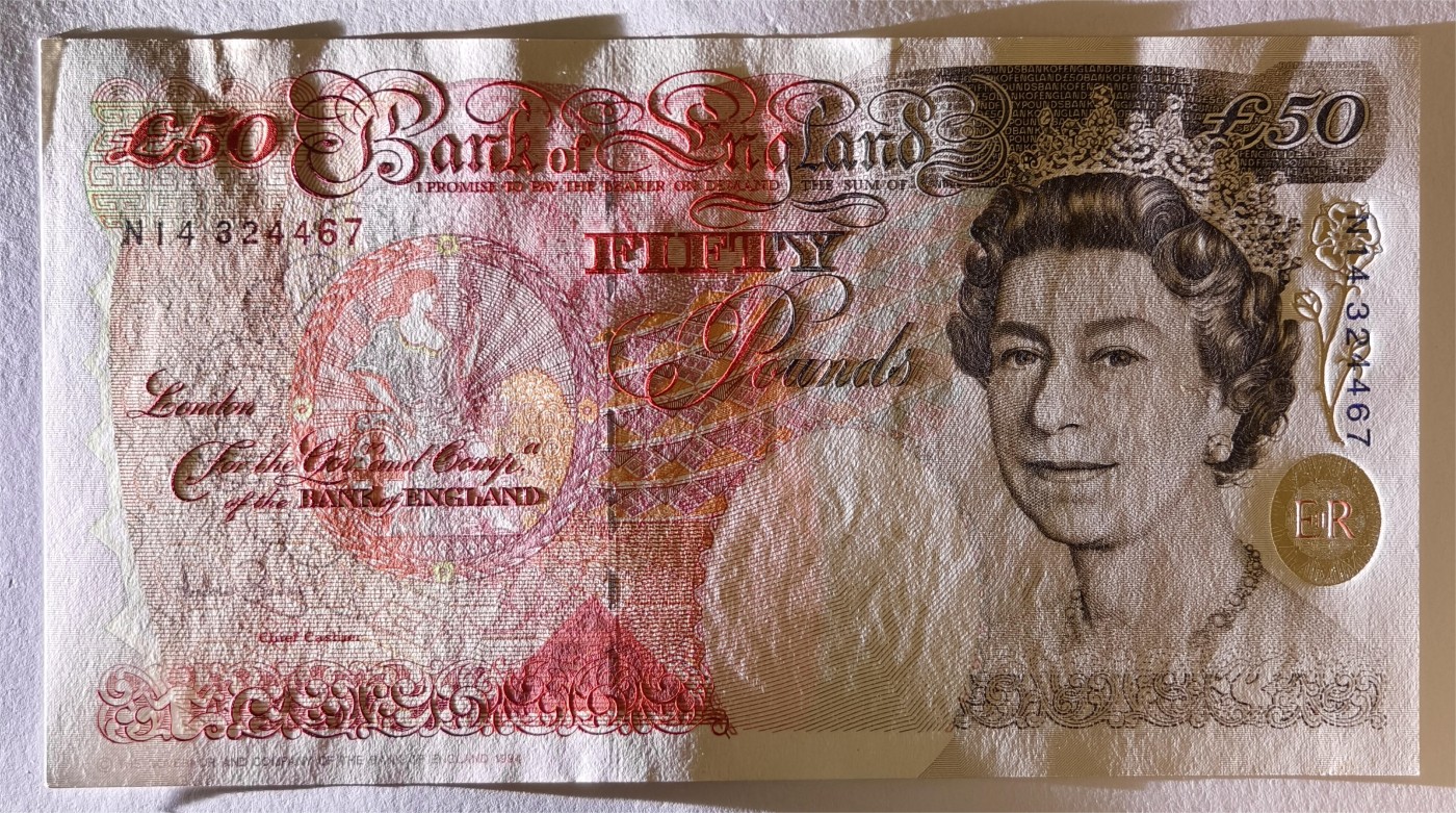 紫瑗钱币——第481期——纸币场 英国 1994年 E序列 英格兰银行第一任行长 约翰·霍布伦 50英镑 UNC
