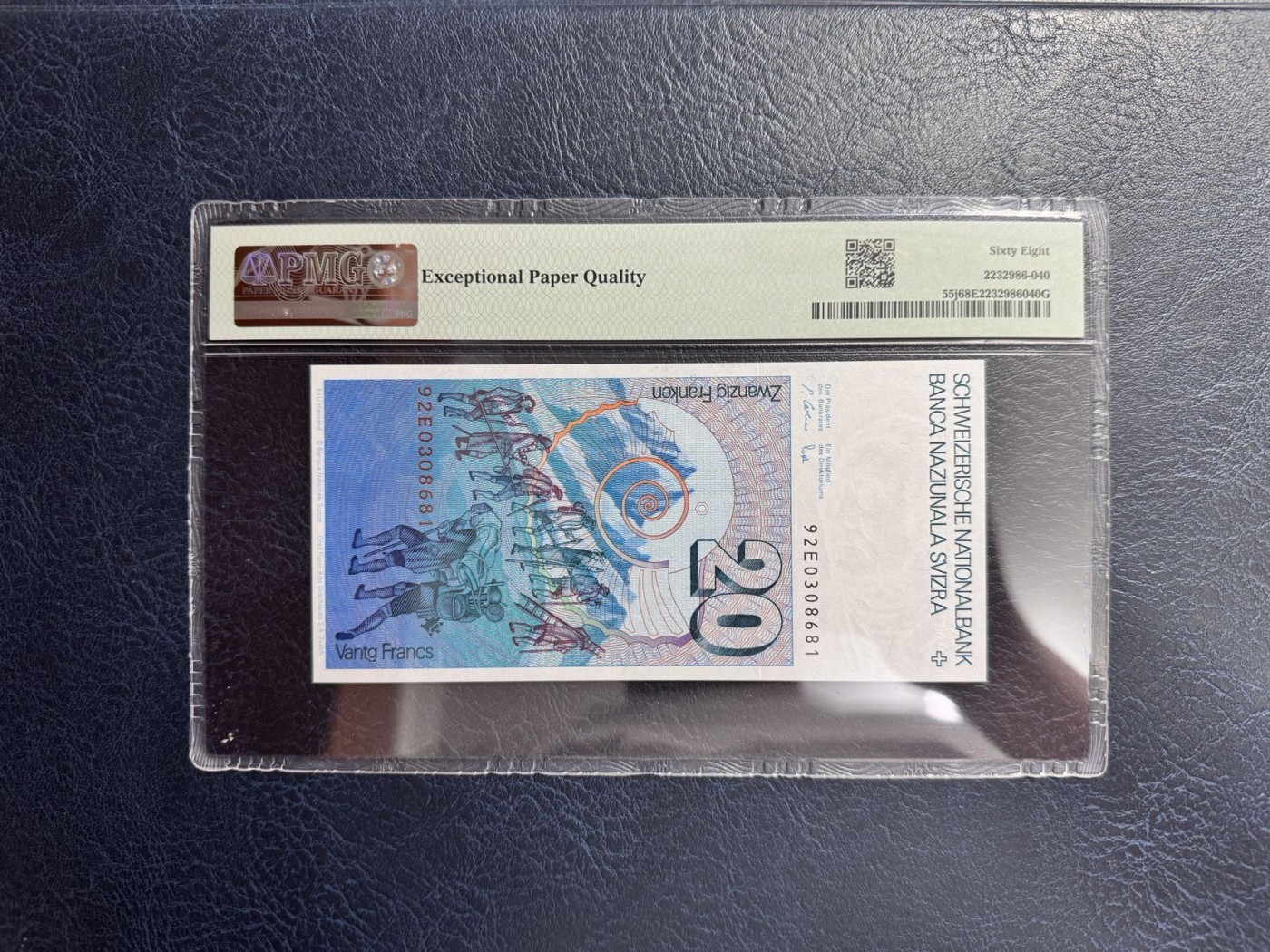 收藏联盟Quantum Auction 第338期拍卖  瑞士联邦1992年20法郎 PMG68 号码无457 