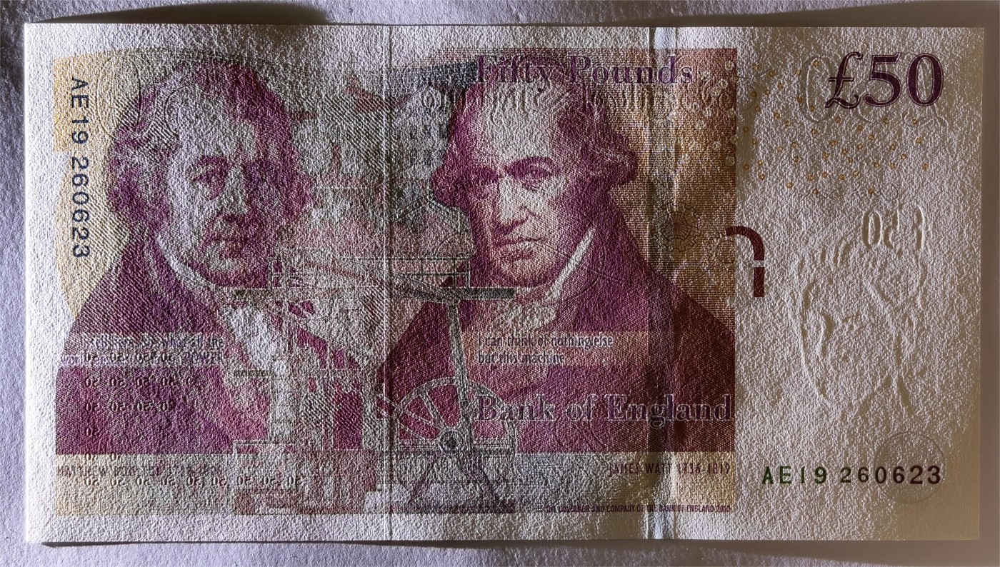 紫瑗钱币——第355期拍卖——纸币场 英国2010年 F序列 工程师瓦特(蒸汽机发明者)和其推广合作者博尔顿 50镑 UNC