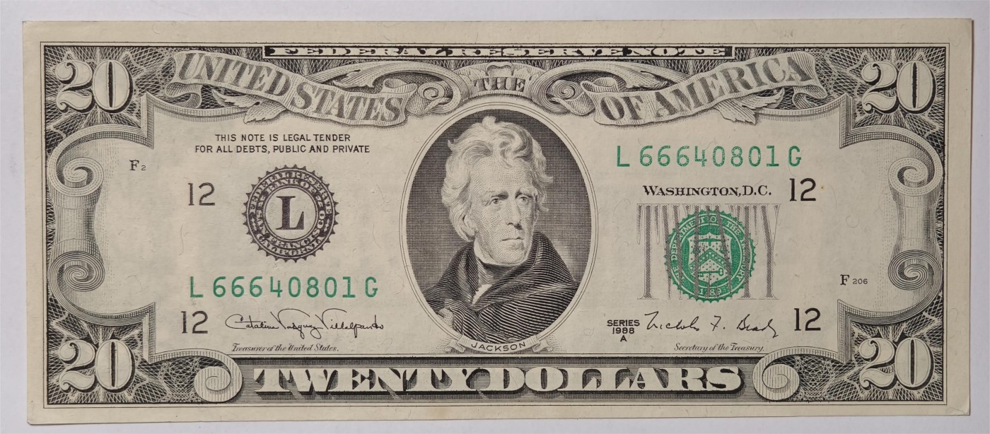 紫瑗钱币——第339期拍卖——纸币场 美国 1988年 L版 A序列 安德鲁·杰克逊 20美元 小头版 UNC-