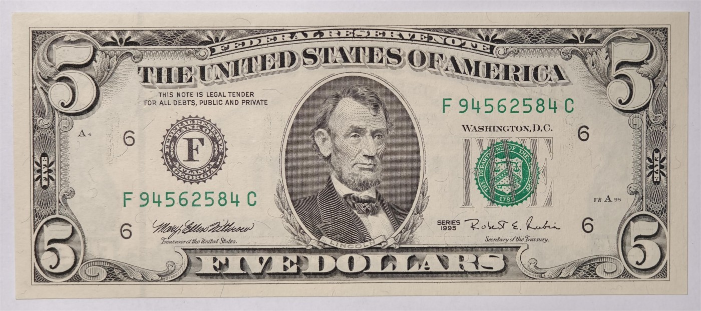 紫瑗钱币——第339期拍卖——纸币场 美国 1995年 F版 无序列 亚伯拉罕·林肯 5美元 小头版 UNC
