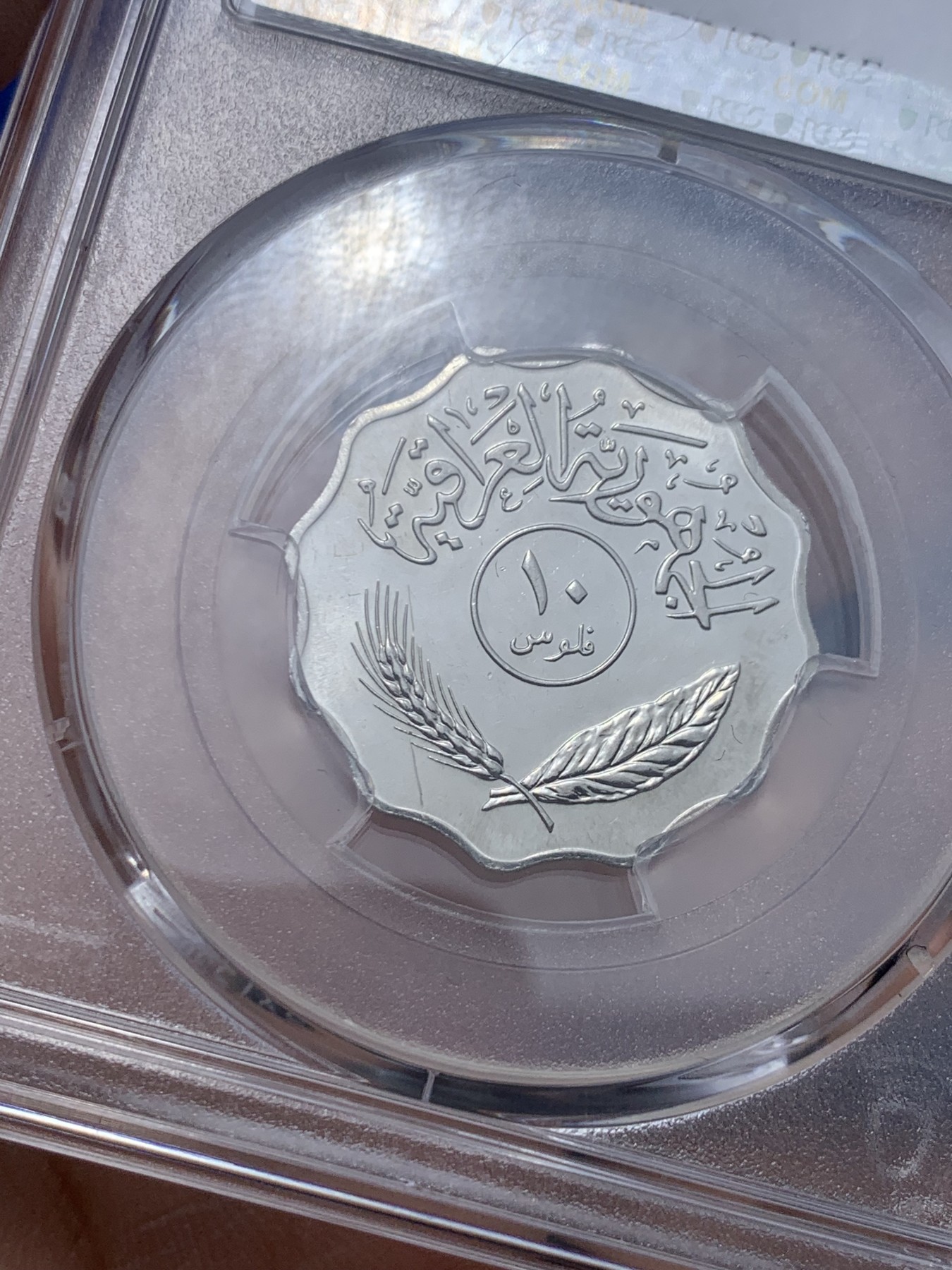 《竞宝斋》第258场-周日，周一 2场连拍 (全场包邮) PCGS金盾 UNCD 伊拉克1981年枣椰树10费尔不锈钢币