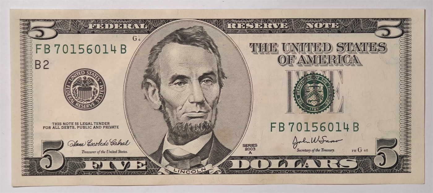 紫瑗钱币——第339期拍卖——纸币场 美国 2003年 B版 A序列 亚伯拉罕·林肯 5美元 大头版 UNC