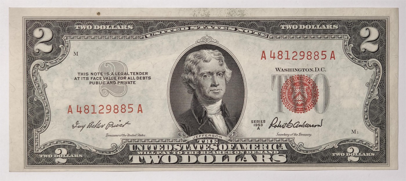 紫瑗钱币——第339期拍卖——纸币场 美国 1953年 A序列 托马斯·杰斐逊 2美元 红印 政府券 AU
