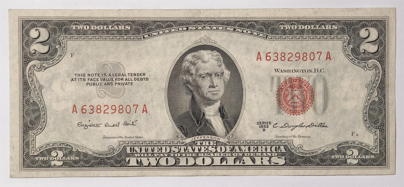 紫瑗钱币——第339期拍卖——纸币场 美国 1953年 B序列 托马斯·杰斐逊 2美元 红印 政府券 流通品