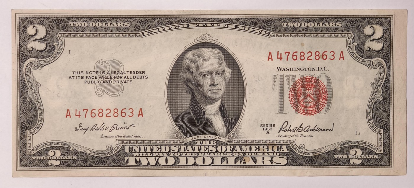 紫瑗钱币——第339期拍卖——纸币场 美国 1953年 A序列 托马斯·杰斐逊 2美元 红印 政府券 AU