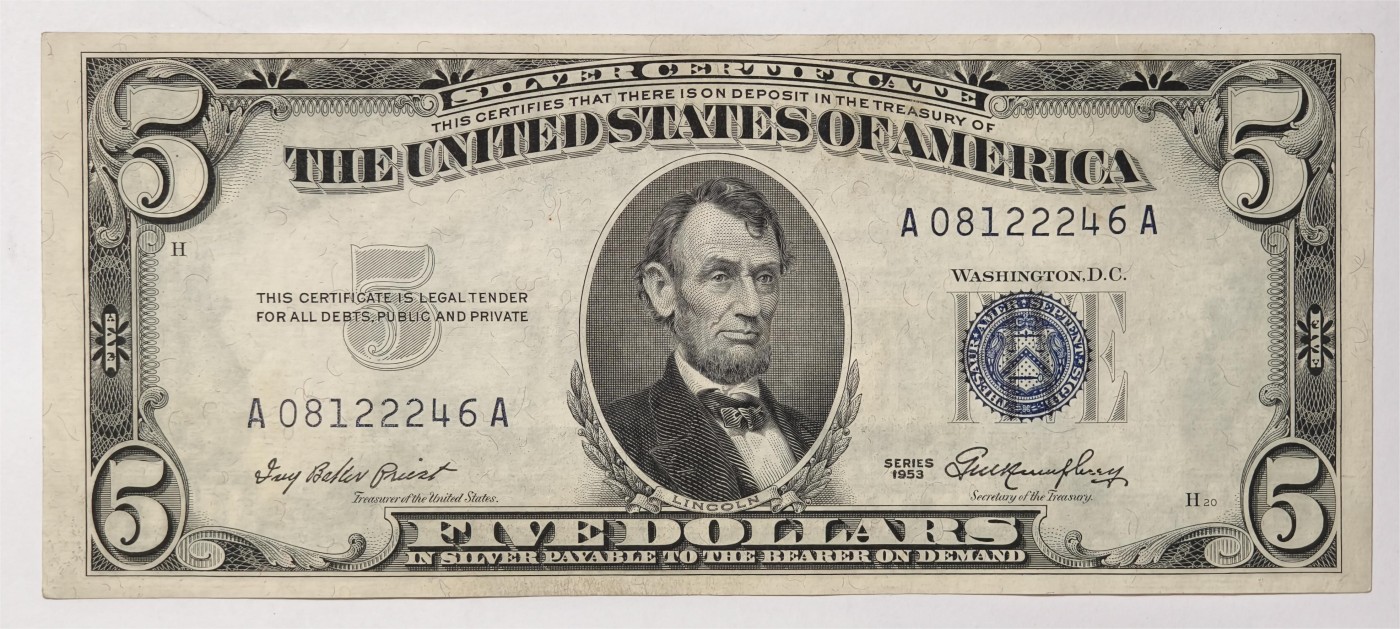 紫瑗钱币——第339期拍卖——纸币场 美国 1953年 无序列 亚伯拉罕·林肯 5美元 蓝印 银元券 AU