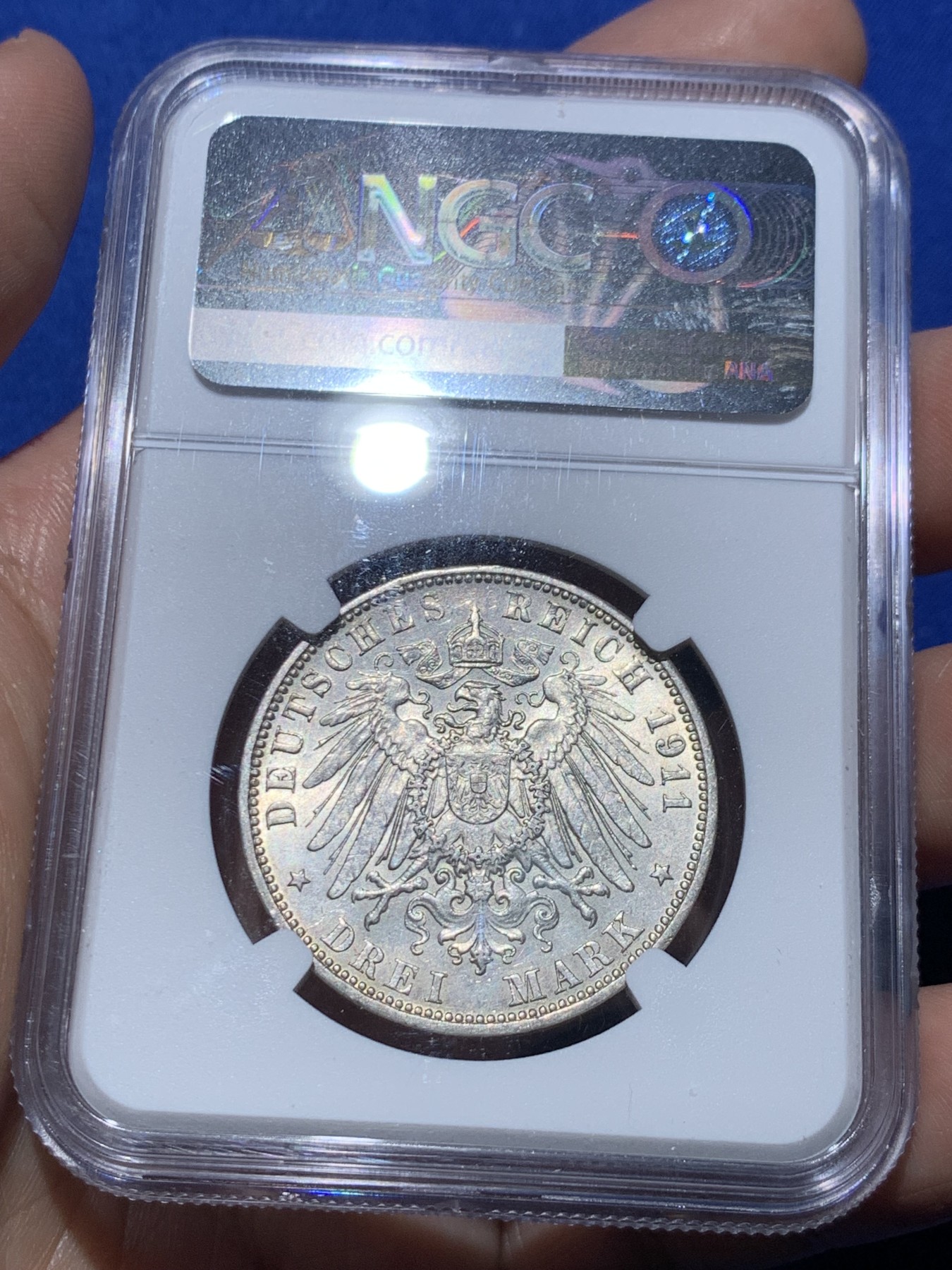 《竞宝斋》第258场-周日，周一 2场连拍 (全场包邮) NGC MS62 德国汉堡1911年双狮3马克银币 原光品相