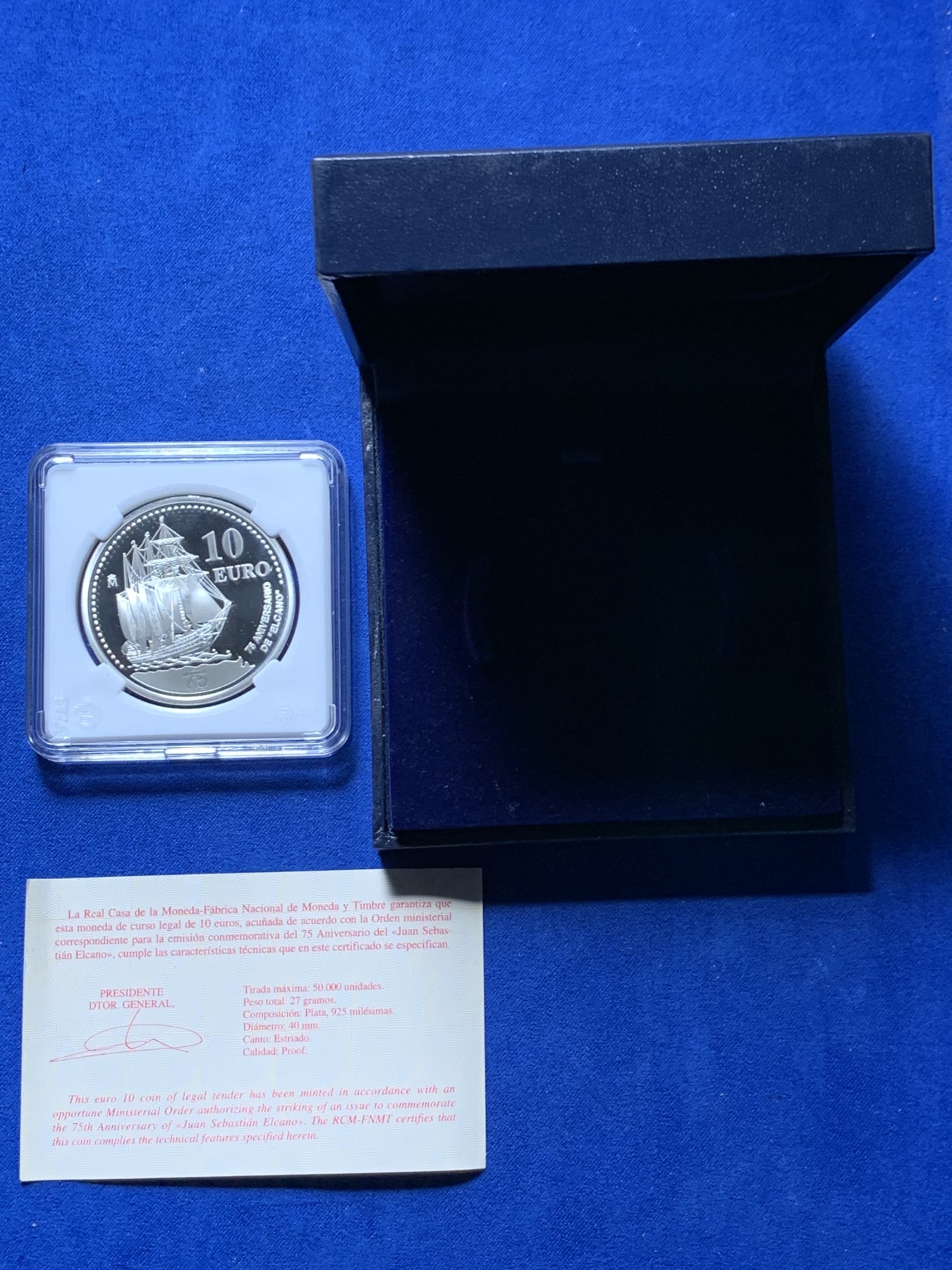 《竞宝斋》第258场-周日，周一 2场连拍 (全场包邮) 西班牙2003年皇家海军德埃尔卡诺号训练舰10欧精制币（克劳斯获奖2005年最佳银币，市价100美金） 礼盒装 27克 40mm 925银