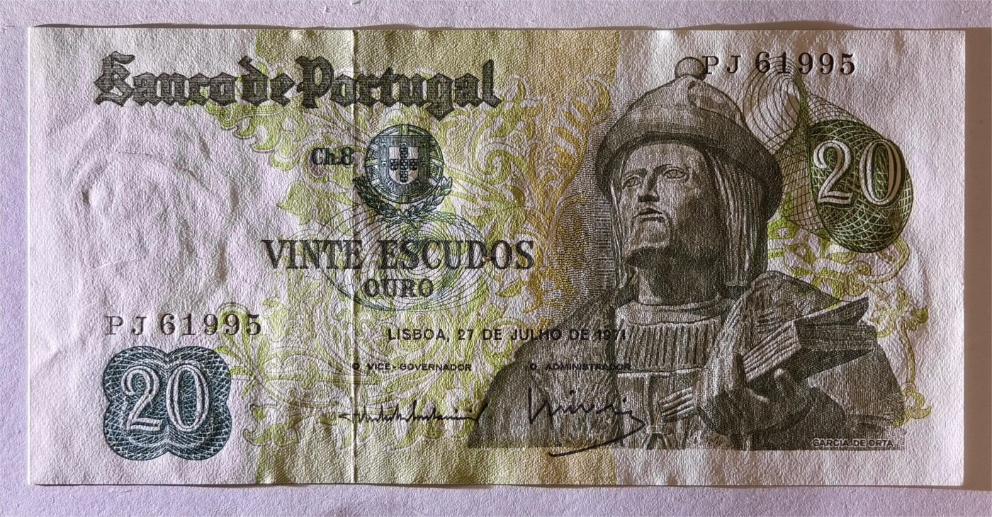 紫瑗钱币——第355期拍卖——纸币场 葡萄牙 1971年 加西亚·德·奥尔塔 20埃斯库多 UNC (P-173)