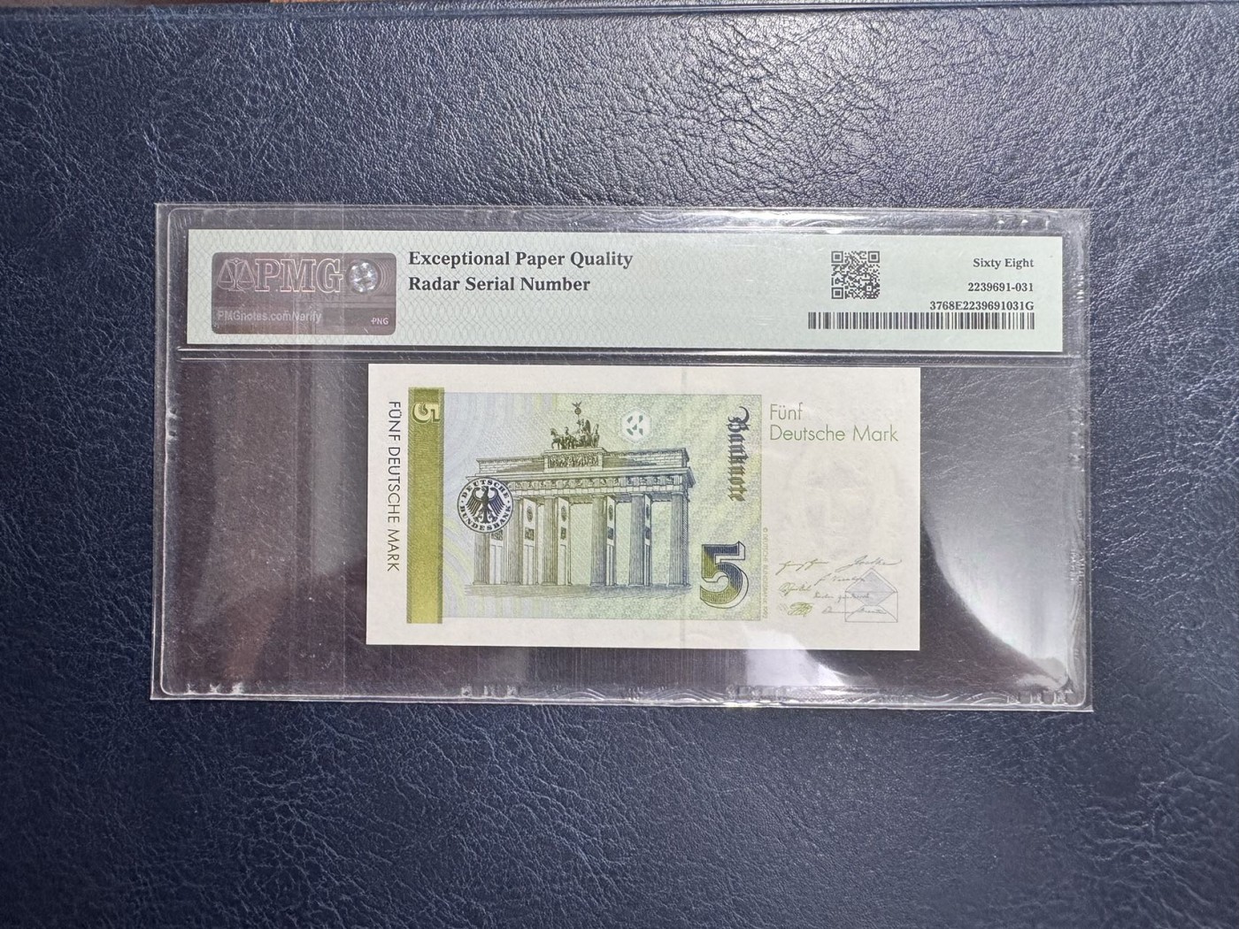 收藏联盟Quantum Auction 第338期拍卖  德国联邦1991年5马克 PMG68 雷达号 号码无3457朦胧号 号码数二