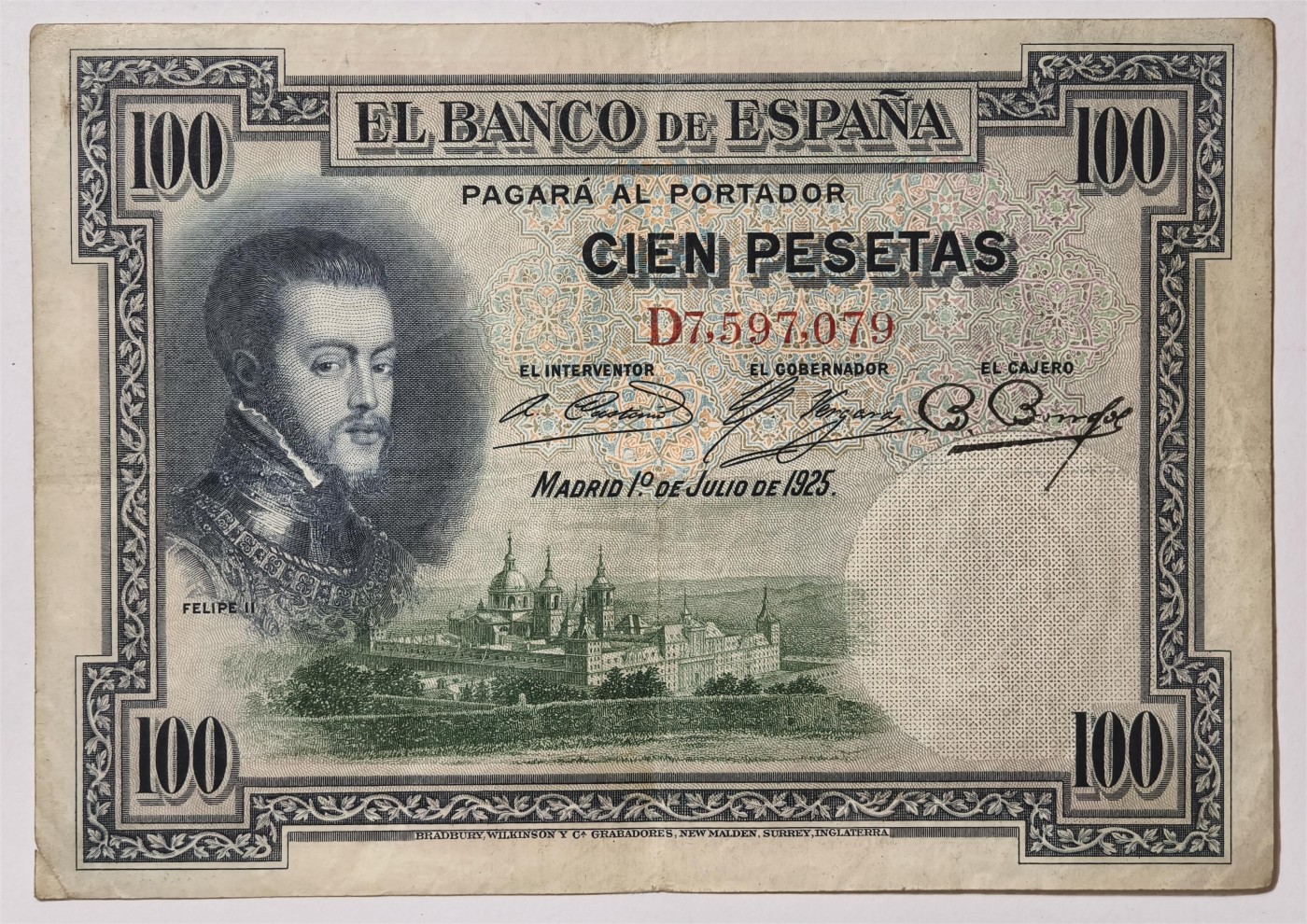 紫瑗钱币——第355期拍卖——纸币场 西班牙 1925年 油画《腓力二世的座椅》 100比塞塔 流通品
