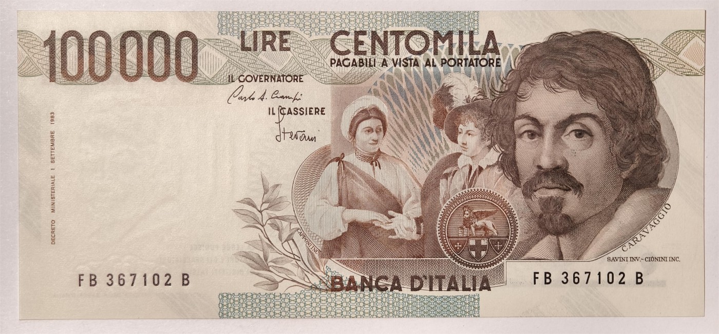 紫瑗钱币——第355期拍卖——纸币场 意大利 1983年 达·卡拉瓦乔 水果篮 初版 100000里拉 UNC (P-100a)