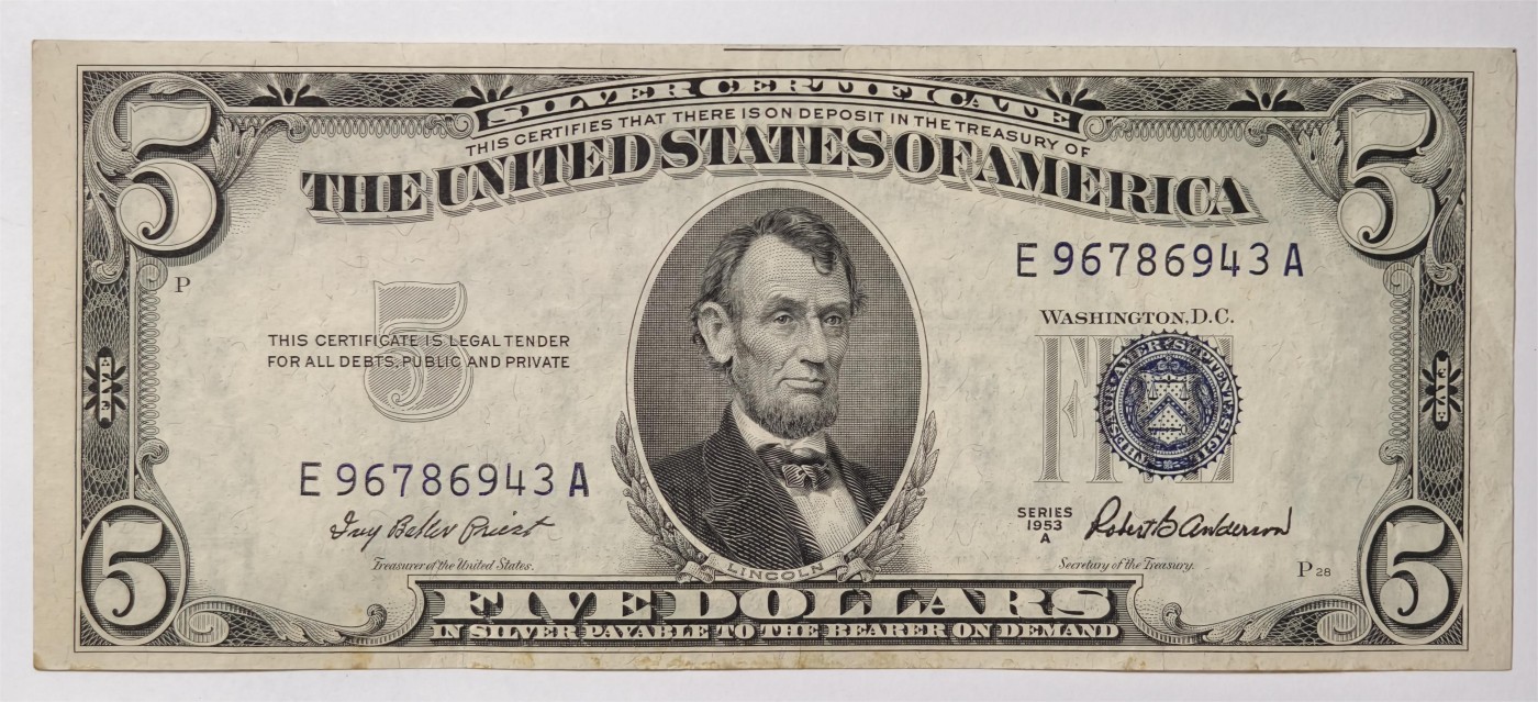 紫瑗钱币——第339期拍卖——纸币场 美国 1953年 A序列 亚伯拉罕·林肯 5美元 蓝印 银元券 流通品