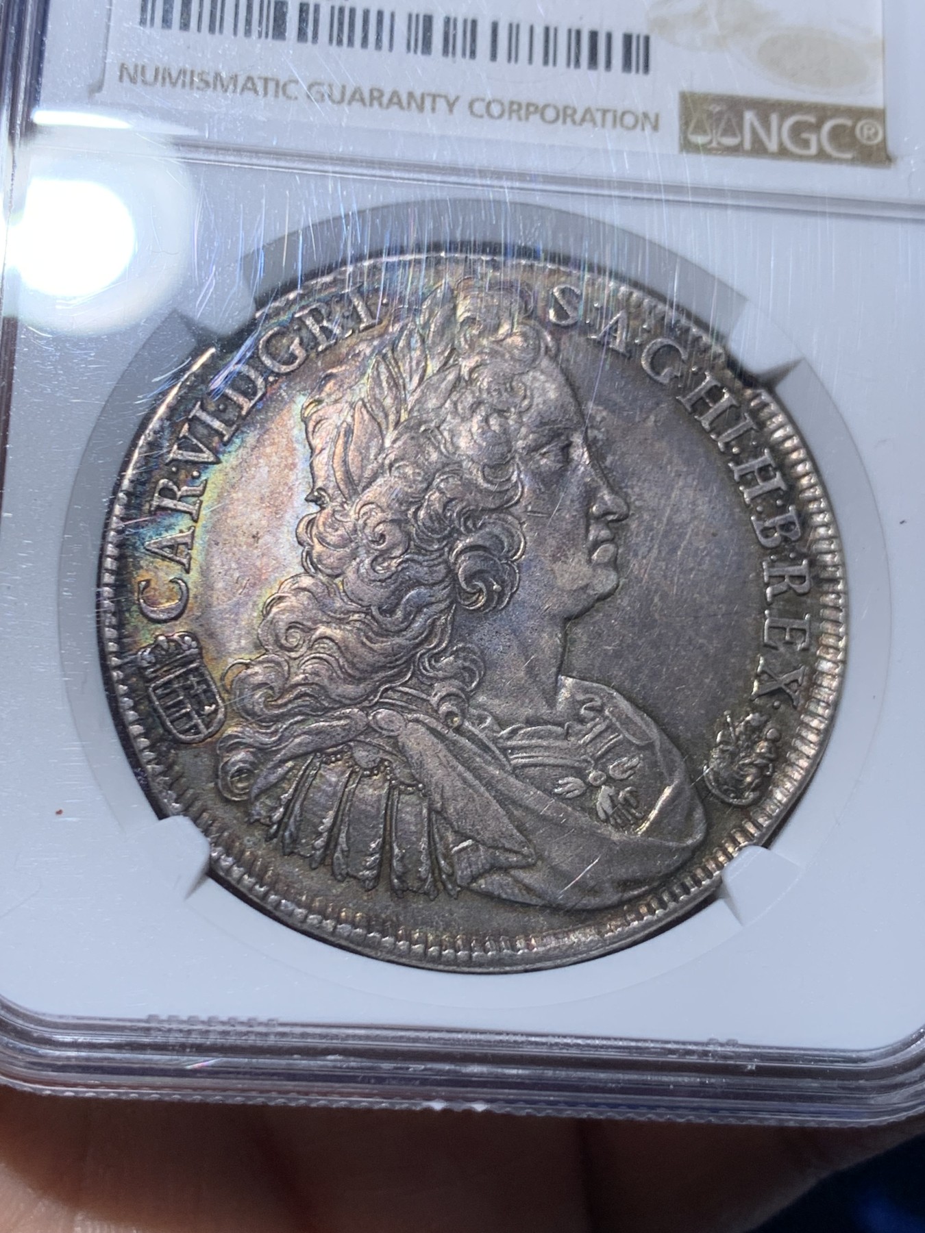 《竞宝斋》第259场-周日，周一 2场连拍 (全场包邮) NGC AU58 1737年 神圣罗马帝国匈牙利卡尔六世泰勒银币 老包浆有彩