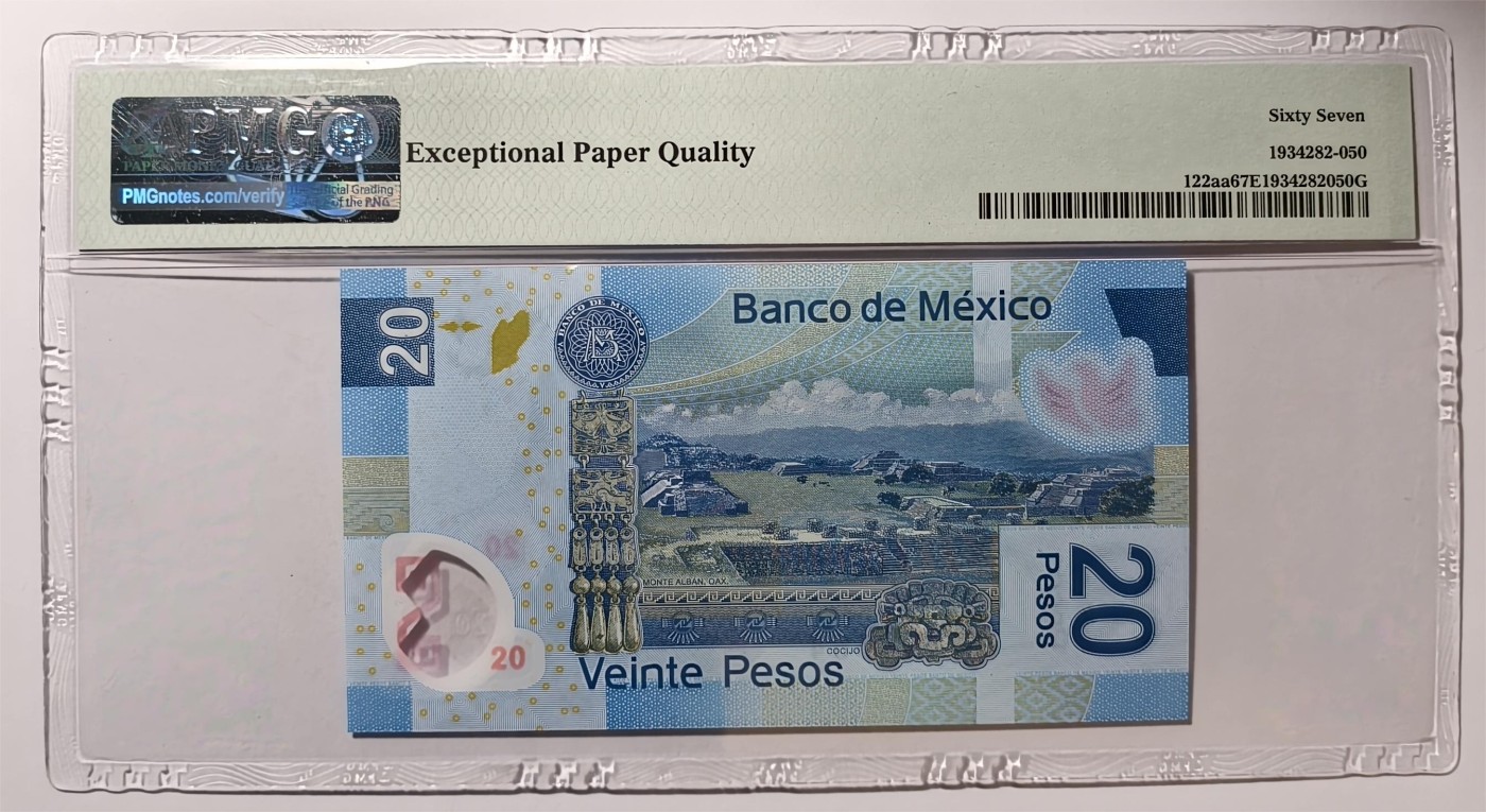 紫瑗钱币——第355期拍卖——纸币场 【首发A冠 PMG 67EPQ】墨西哥 2016年 墨西哥银行 20比索 （P-122aa）